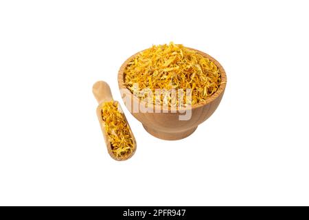 Getrocknete Calendula- oder Marigold-Blüten. Die Ringelblume in lateinischer Calendula officinalis ist für ihre heilenden Eigenschaften bekannt. Kräuter. Alternativmedizin. Stockfoto