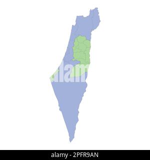 Hochwertige politische Landkarte Israels und Palästinas mit Grenzen der Regionen oder Provinzen. Vektordarstellung Stock Vektor