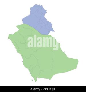 Hochwertige politische Karte Saudi-Arabiens und Iraks mit Grenzen der Regionen oder Provinzen. Vektordarstellung Stock Vektor