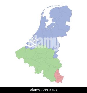 Hochwertige politische Landkarte Belgiens und der Niederlande mit Grenzen der Regionen oder Provinzen. Vektordarstellung Stock Vektor