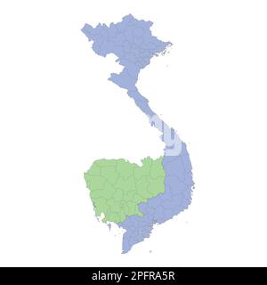 Qualitativ hochwertige politische Landkarte Vietnams und Kambodschas mit Grenzen der Regionen oder Provinzen. Vektordarstellung Stock Vektor