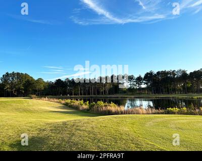 Die goldene Stunde auf einem Golfplatz im Georgia State Park, einem beliebten Golfziel im Süden der USA. Stockfoto