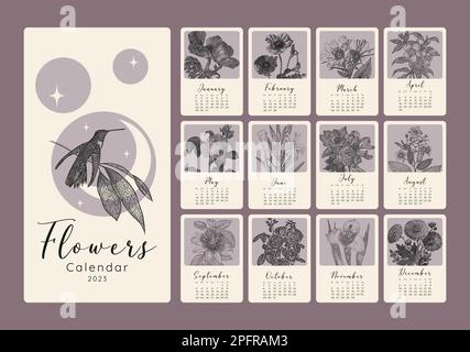 Kalender mit einfarbigen Blumen in neutralen Farben. Vorlage für botanischen Kalender. Set für 2023 mit 12 Seiten pro Monat. Stock Vektor