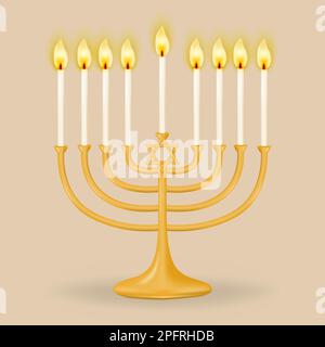 Goldenes Hanukkiah für neun Kerzen auf beigem Hintergrund. Hanukka-Kerzenhalter in Form einer Menora mit neun Zweigen. Perfekt für Ihren Urlaub Stock Vektor