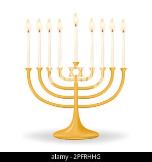 Goldenes Hanukkiah mit neun Kerzen auf weißem Hintergrund. Ganukka Menorah für neun Kerzen. Perfekt für Ihre Urlaubsgestaltung. Vektordarstellung Stock Vektor