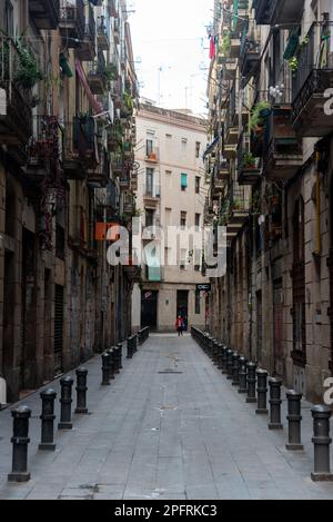 Das pulsierende und multikulturelle Viertel Raval in Barcelona, Spanien, bietet enge Gassen und historische Architektur Stockfoto