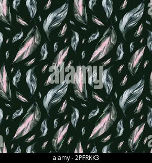 Nahtloses Aquarell-Muster. Blumiger Hintergrund tropische Blüten und Blätter mit Flamingo-Vögeln. Pflanzen und Blumen Australiens. Stockfoto