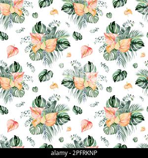Nahtloses Aquarell-Muster. Blumiger Hintergrund tropische Blüten und Blätter mit Flamingo-Vögeln. Pflanzen und Blumen Australiens. Stockfoto