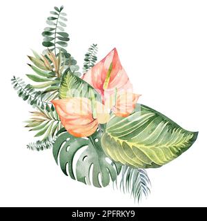 Ein Satz von Illustrationen des wässrigen Blumenstraußes - sanft rosa, grün, rosarote Blume grünes Blatt Blätter Zweige der Blumenstrauß-Sammlung Stockfoto
