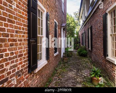 Savannah, eine Küstenstadt von Georgia, ist von South Carolina durch den Savannah River getrennt. Es ist bekannt für gepflegte Parks, Pferdekutschen und an Stockfoto