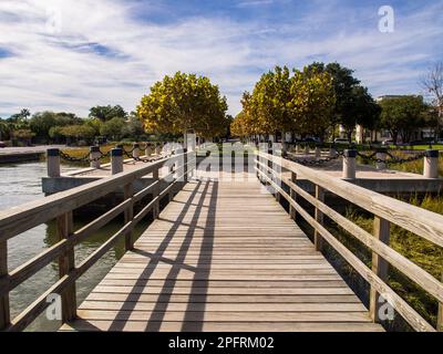 Savannah, eine Küstenstadt von Georgia, ist von South Carolina durch den Savannah River getrennt. Es ist bekannt für gepflegte Parks, Pferdekutschen und an Stockfoto