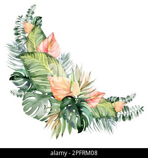 Ein Satz von Illustrationen des wässrigen Blumenstraußes - sanft rosa, grün, rosarote Blume grünes Blatt Blätter Zweige der Blumenstrauß-Sammlung Stockfoto