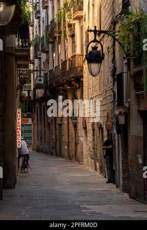 Das pulsierende und multikulturelle Viertel Raval in Barcelona, Spanien, bietet enge Gassen und historische Architektur Stockfoto