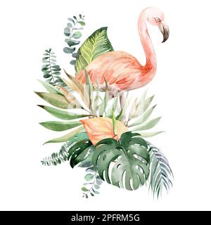 Aquarelle tropische Blumen. Strauß tropischer Pflanzen und Blumen Australiens. Für Sublimation, Postkarten, Einladungsdesign, Aufkleber, Stockfoto
