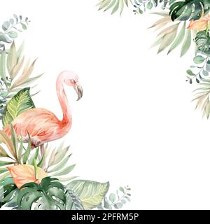 Rahmen in Aquarellfarben mit Blumenmuster. Rahmen aus tropischen Blumen. Werke Australiens und Afrikas. Für das Design von Weihnachtskarten, Geburtstag, Hochzeit Stockfoto