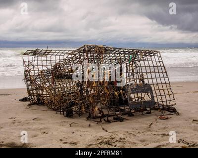 Hummerfalle, Hummertopf oder Hummerkäfig sind eine tragbare Falle, in der Hummer oder Krebse gefangen werden können – hier am Strand am Atlantik in Maine, USA. Stockfoto