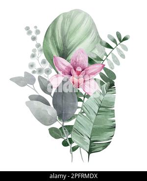 Ein Satz von Illustrationen des wässrigen Blumenstraußes - sanft rosa, grün, rosarote Blume grünes Blatt Blätter Zweige der Blumenstrauß-Sammlung Stockfoto