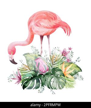 Rahmen in Aquarellfarben mit Blumenmuster. Rahmen aus tropischen Blumen und Blättern mit Flamingo-Vögeln. Werke Australiens und Afrikas. Für die Gestaltung von Urlaubskarten, Stockfoto