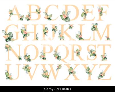 Buchstaben, Blumenmuster, Aquarellgemälde, Blumen, Rosen und Blätter. Isolierte Initialen, perfekt für Hochzeitseinladungen, Gruß Stockfoto