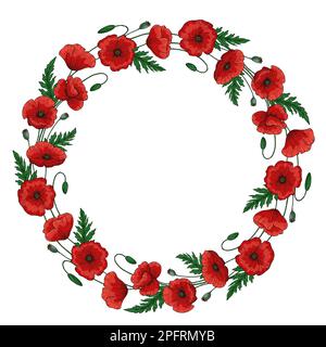 Kranz mit roten Mohnblumen. Runder Blumenrahmen. Papaver. Grüne Stiele und Blätter. Handgezeichneter Vektor. Isoliert auf weißem Hintergrund. Stock Vektor