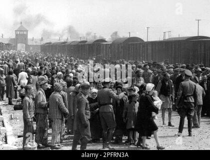 "Selektion" ungarischer Juden auf der Rampe Auschwitz-II-Birkenau im deutsch besetzten Polen, Mai/Juni 1944, während der Endphase des Holocaust. Stockfoto