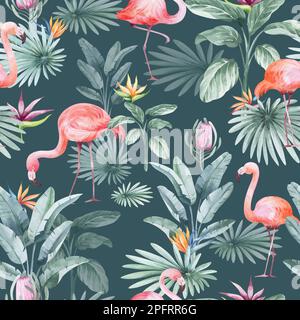 Nahtloses Aquarell-Muster. Blumiger Hintergrund tropische Blüten und Blätter mit Flamingo-Vögeln. Pflanzen und Blumen Australiens. Rosa Flammen Stockfoto
