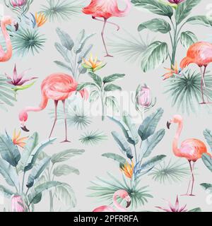 Nahtloses Aquarell-Muster. Blumiger Hintergrund tropische Blüten und Blätter mit Flamingo-Vögeln. Pflanzen und Blumen Australiens. Rosa Flammen Stockfoto