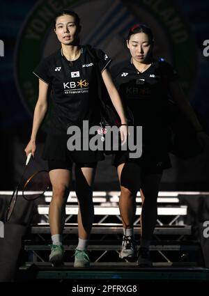 Utilita Arena, Birmingham, Großbritannien. 18. März 2023. 2023 YONEX All England Open Badminton Championships, Semi Finals Day 5; KIM so Yeong und KONG Hee Yong von Korea Credit: Action Plus Sports/Alamy Live News Stockfoto