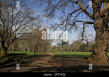 Wegweiser an der Kreuzung von PATH, Bute Park / Castle Grounds / Cooper's Field, Cardiff Centre. Winter/Frühling. März 2023. Stockfoto