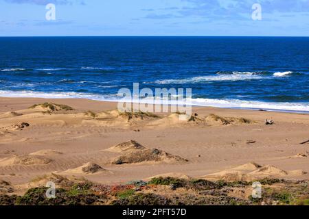 Kleine Wellen brechen am verlassenen Sandstrand mit blauem Wasser zum Horizont Stockfoto