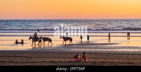 Menschen genießen den Sonnenuntergang am Strand von Jaco, Costa Rica, während ein Cowboy zwei Reiter auf Pferden führt Stockfoto