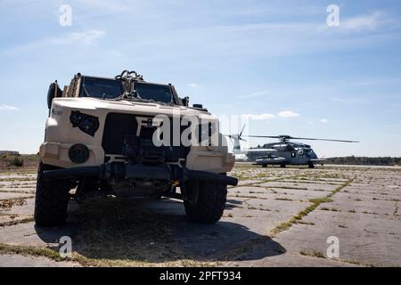 EIN US-AMERIKANISCHER Das der 26. Marine Expeditionary Unit (MEU) zugewiesene Joint Light Tactical Vehicle des Marine Corps wird im Rahmen der MEU-Übung III auf dem Hilfslandungsfeld Bogue des Marine Corps am 11. März 2023 vor einer externen Aufzugsübung manipuliert und bereitgestellt. Während des Aufzugs bereiteten die Marines Vorräte und Fahrzeuge vor, die mit Flugzeugen in einer simulierten Expeditionsumgebung entnommen werden sollten, sowie eine engere Integration zwischen den Logistik- und Luftkampfelementen der Marine-Luft-Boden-Task Force. (USA Marinekorps Foto von Staff Sgt. Jesus Sepulveda Torres) Stockfoto