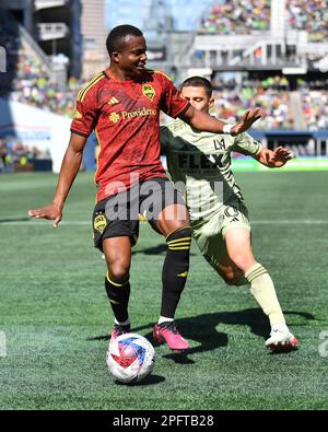 Seattle, WA, USA. 18. März 2023. Seattle Sounders Verteidiger Nouhou Tolo (5) während des MLS-Fußballspiels zwischen dem Los Angeles FC und dem Seattle Sounders FC auf dem Lumen Field in Seattle, WA. Steve Faber/CSM/Alamy Live News Stockfoto