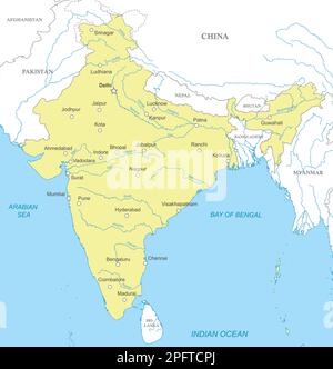 Politische Karte Indiens mit nationalen Grenzen, Städten und Flüssen Stock Vektor