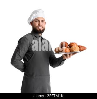 Männlicher Bäcker mit Backblech auf weißem Hintergrund Stockfoto