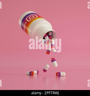 3D-Darstellung von Instagram-Logos als Arzneimittelpillen, die aus einer weißen Flasche herausfließen. Social-Media-Suchtbegriff Stockfoto