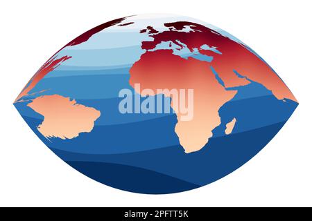 Weltkartenvektor. Craigsche retroazimutale Projektion. Welt in rot-orangefarbenem Farbverlauf auf tiefen blauen Ozeanwellen. Stilvolle Vektordarstellung. Stock Vektor