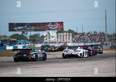 79 JUNCADELLA Daniel (Spa), GOUNON Jules (Fra), ENGEL Mary (her), WeatherTech Racing, Mercedes AMG GT3, Action während der Mobil 1 Twelve hours of Sebring 2023, 2. Runde der IMSA SportsCar Championship 2023, vom 15. Bis 18. März 2023 auf dem Sebring International Raceway in Sebring, Florida, USA - Foto: Jan-patrick Wagner/DPPI/LiveMedia Stockfoto