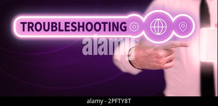 Schreiben Textanzeige Fehlerbehebung. Geschäftskonzept eine Untersuchung oder Behandlung der Probleme ist aufgetreten Stockfoto
