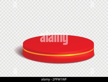 Rundes rotes Bühnenpodium mit goldenem Ring und Schatten isoliert auf transparentem Hintergrund. Realistisches 3D-Vektormodell bereitstellen. Podiumszene für Preisverleihung und Produktpräsentation. Stock Vektor