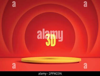 Podium 3D abstrakter Vektorbildungs-Studio-Raum. Gelbe geometrische Plattform mit rotem Kreis überlappt Hintergrund. Moderne Minimalszene zur Demonstration kosmetischer Mittel. Stock Vektor
