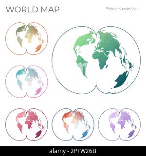 Niedrige Poly-Welt-Karte Eingestellt. Amerikanische polykonische Projektion. Sammlung der Weltkarten im geometrischen Stil. Vektordarstellung. Stock Vektor