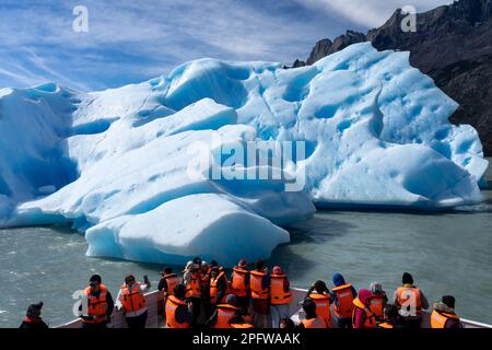 Puerto Natales, Chile - 2. Februar 2023: Touristen auf einem Boot beobachten einen Eisberg, der vom Grauen Gletscher in Torres del Paine NP abbrach Stockfoto