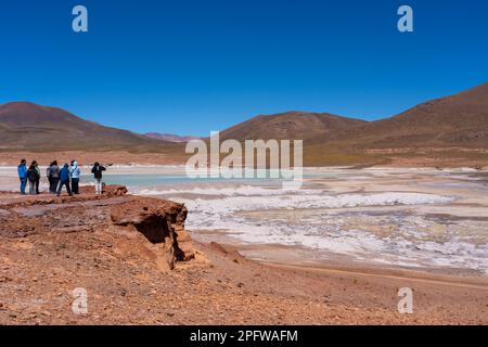 Red Rocks (Piedras Rojas), Lagune und Salzebenen mit unbekannten Touristen in der Atacama-Wüste, Chile. Stockfoto