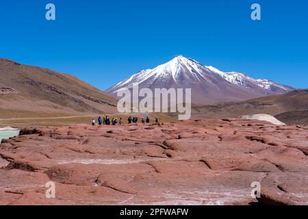 Red Rocks (Piedras Rojas), Lagune und Salzebenen mit unbekannten Touristen in der Atacama-Wüste, Chile. Stockfoto