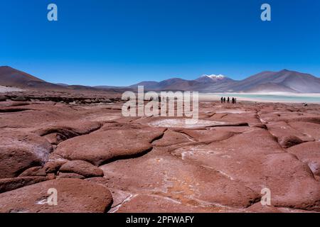 Red Rocks (Piedras Rojas), Lagune und Salzebenen mit unbekannten Touristen in der Atacama-Wüste, Chile. Stockfoto