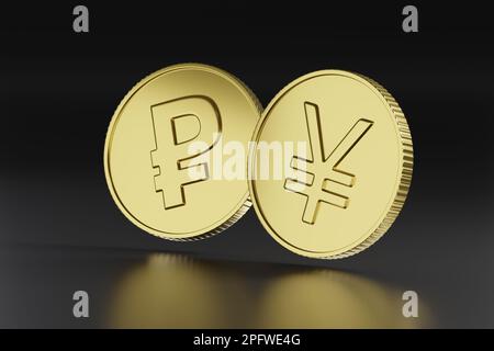 Goldene Münzen mit Rubel und Yuan-Schild auf dunklem Hintergrund. 3D Abbildung. Stockfoto
