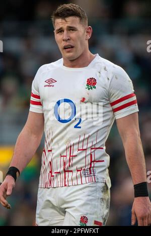 Dublin, Irland. 19. März 2023. Freddie Steward of England beim Guinness Six Nations Round 5-Spiel zwischen Irland und England im Aviva Stadium in Dublin, Irland, am 18. März 2023 (Foto: Andrew SURMA/Credit: SIPA USA/Alamy Live News Stockfoto