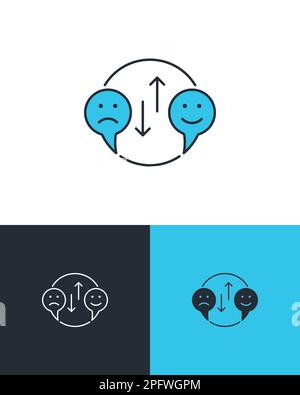 Traurige und glückliche Emoticons mit Sprechblasen. Kundenzufriedenheits-Feedback-Konzept. Vektorsymbole auf 3 verschiedenen Hintergründen. Stock Vektor