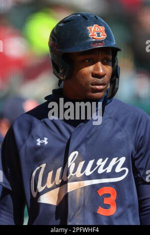 Die Platte. 18. März 2023. Chris Stanfield #3 aus Auburn bereitet sich darauf vor, an die Tafel zu kommen. Arkansas besiegte Auburn 9-3 in Fayetteville, AR, Richey Miller/CSM/Alamy Live News Stockfoto